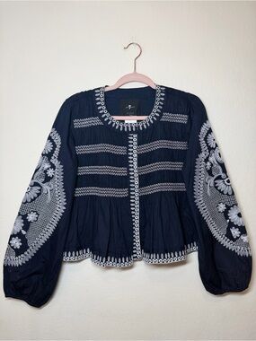 7 For All Mankind Navy Embroidered Puff Sleeve Babydoll Jacket Boho - Size M.